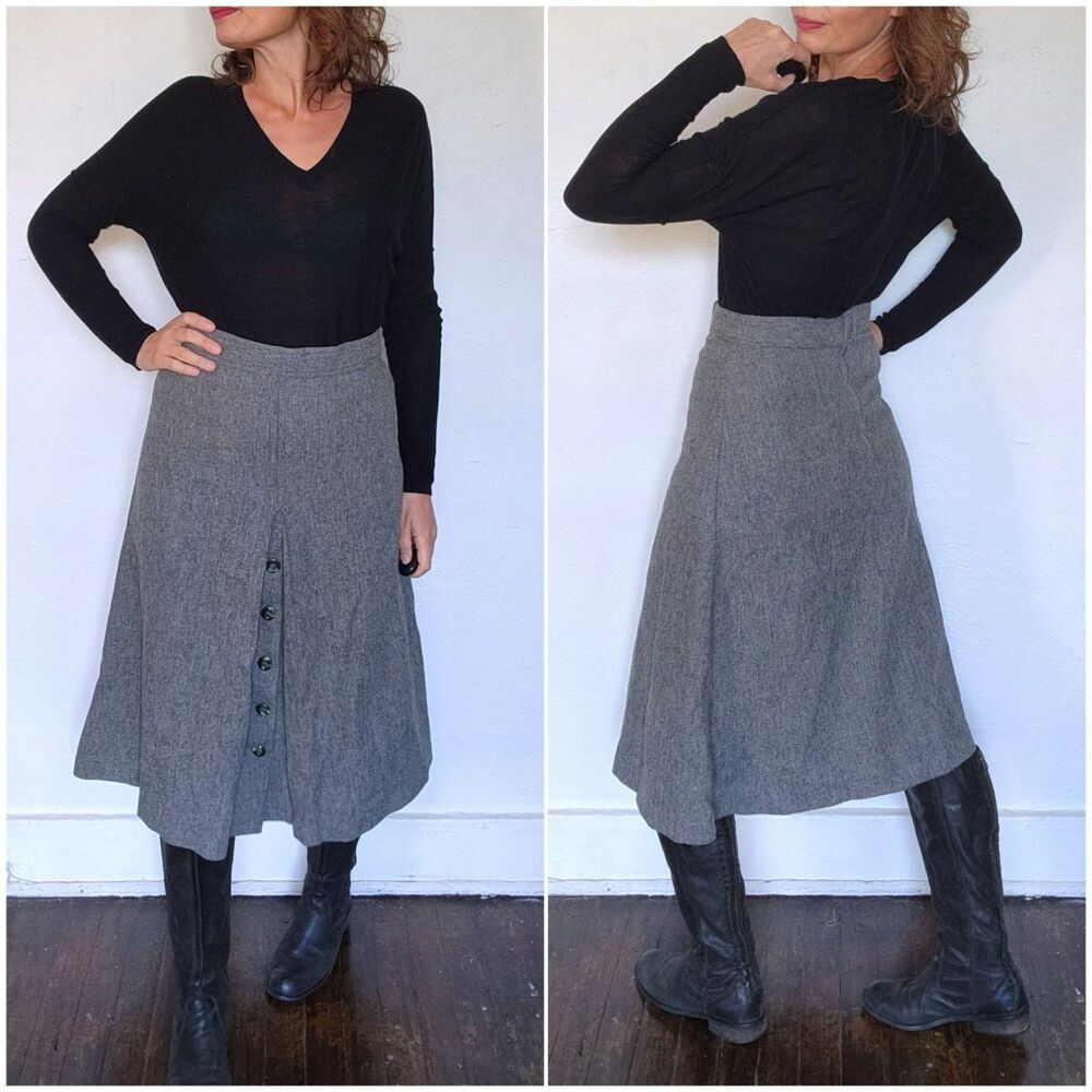 Vintage Gray WOOL Winter Skirt - Buttons Down Front - High Waisted Skirt S